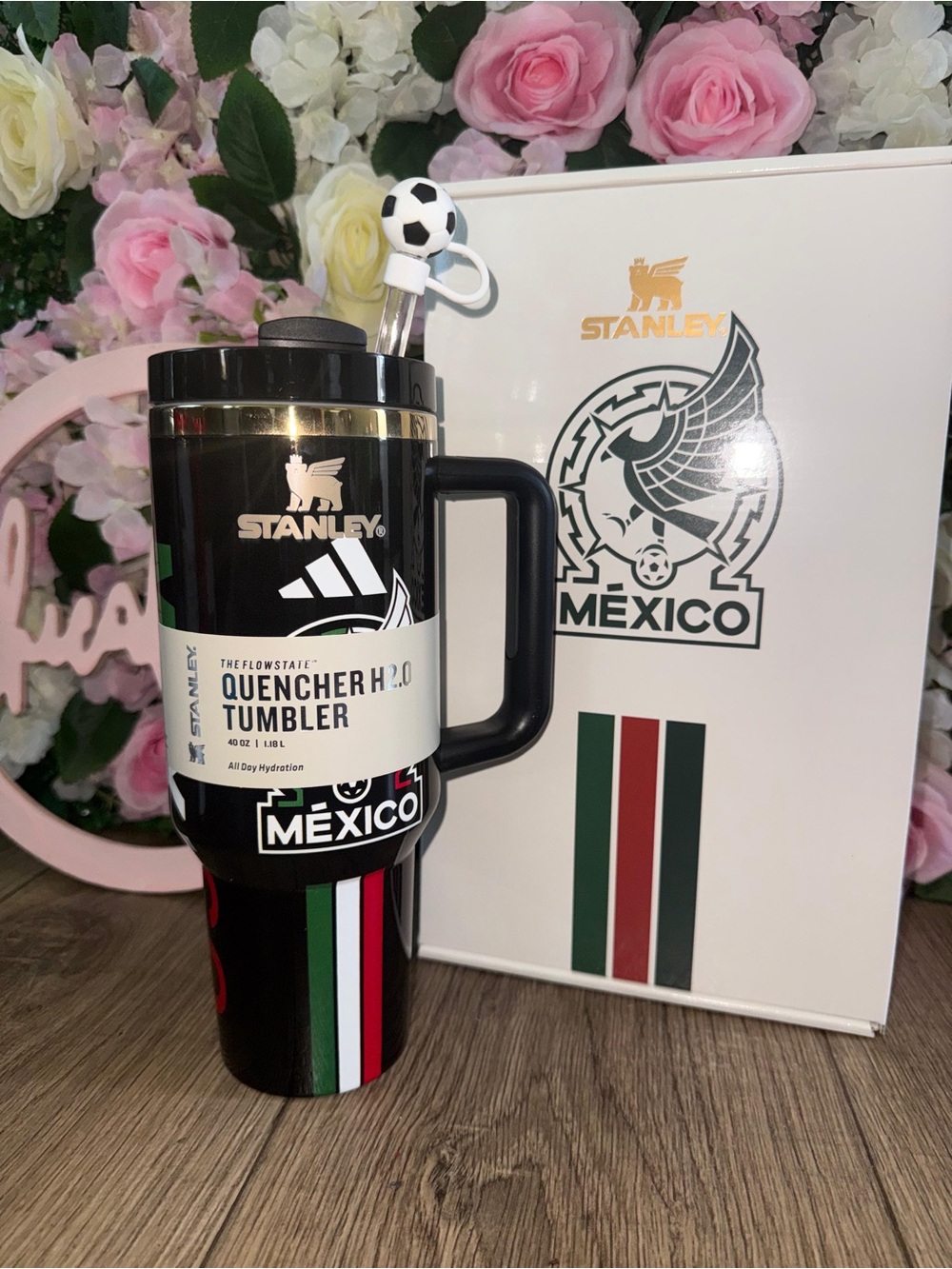 Stanley Black Tumbler with Green, White, Red Stripe Mexico Graphic
